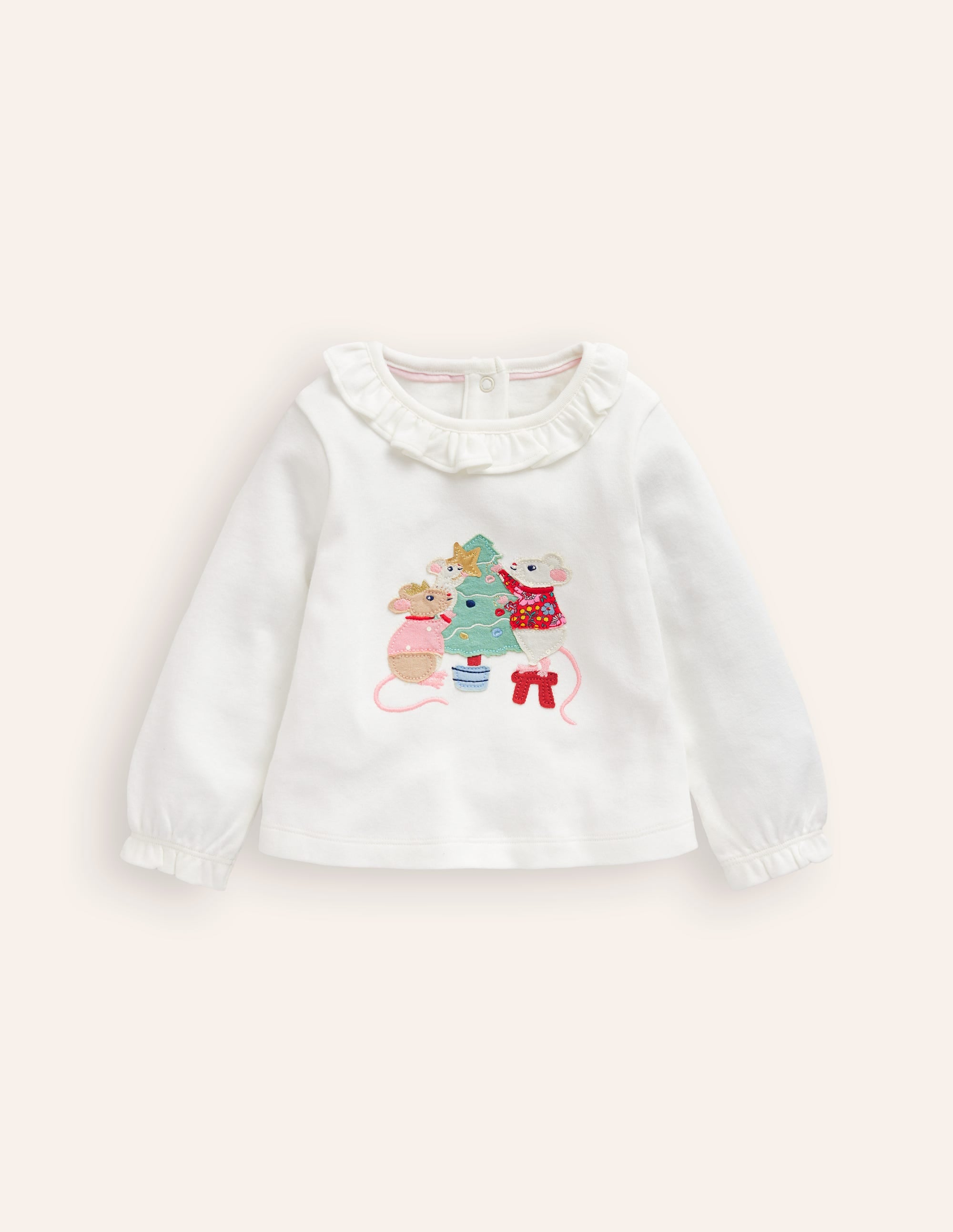 T-Shirt mit Rüschenausschnitt-Naturweiß Mäuse - Image 1