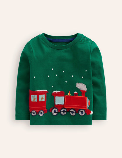 Long Sleeve Applique T-shirt-Jewel Green Train