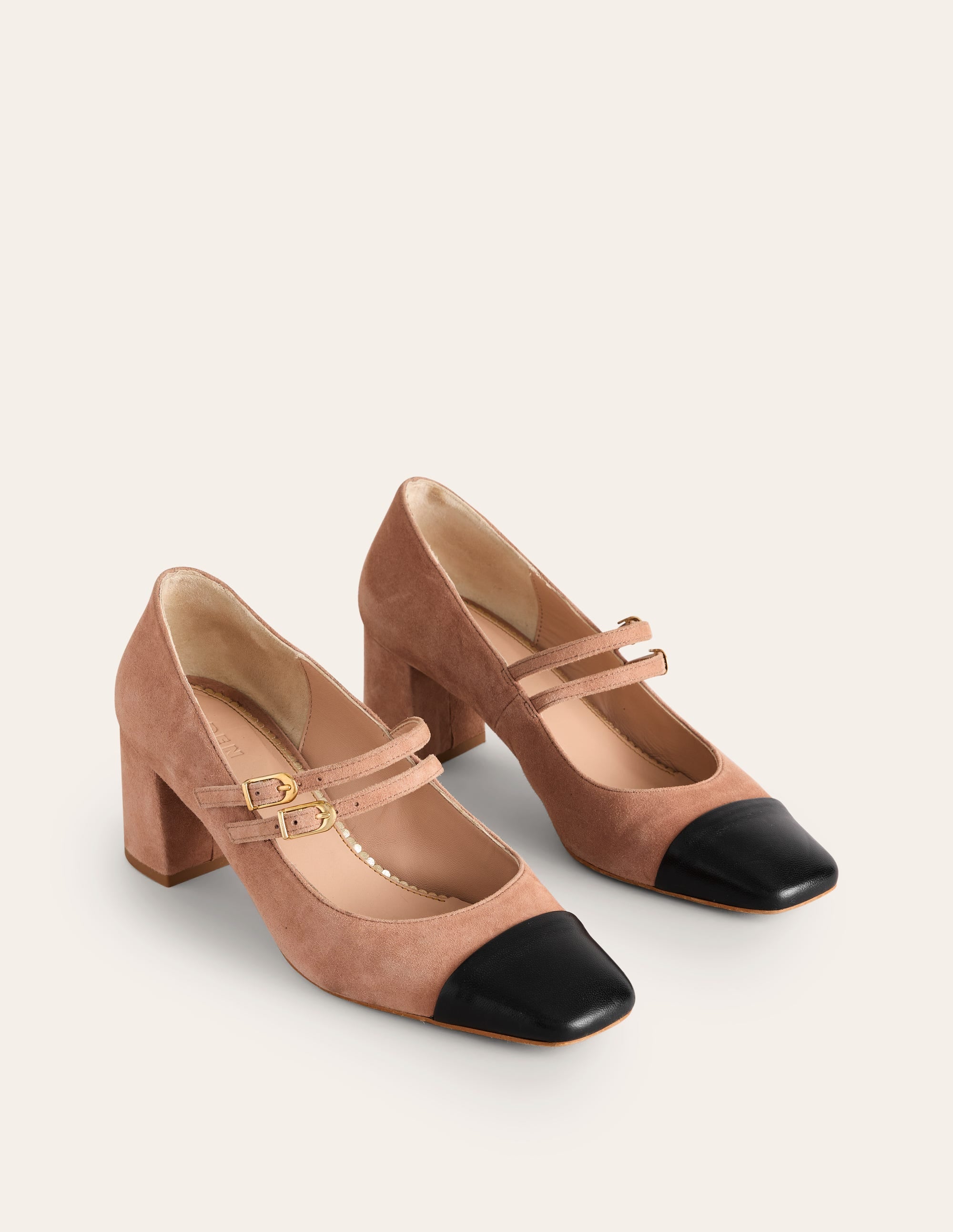 Escarpins à talons carrés-Latte/cuir noir - Image 4