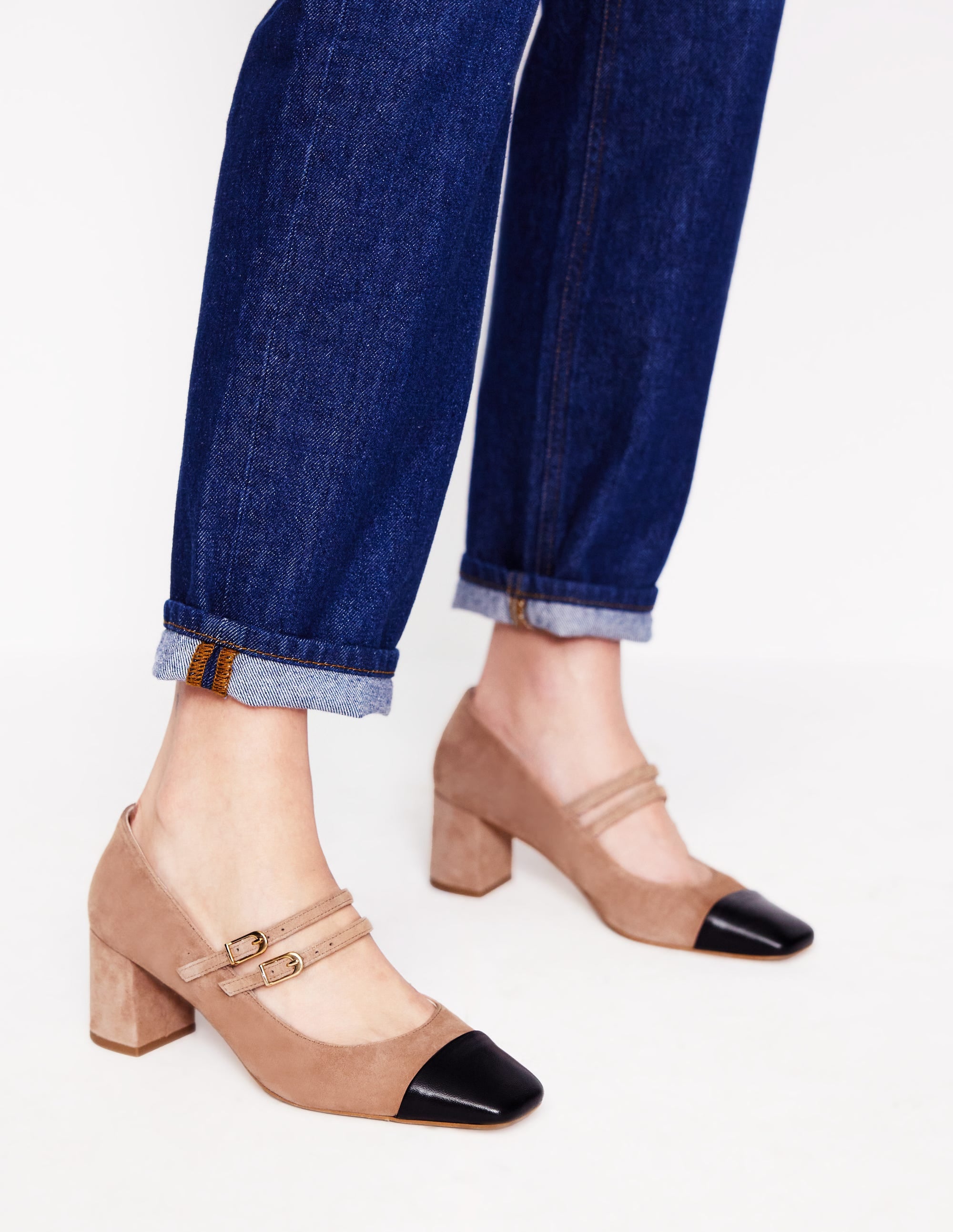 Escarpins à talons carrés-Latte/cuir noir - Image 2