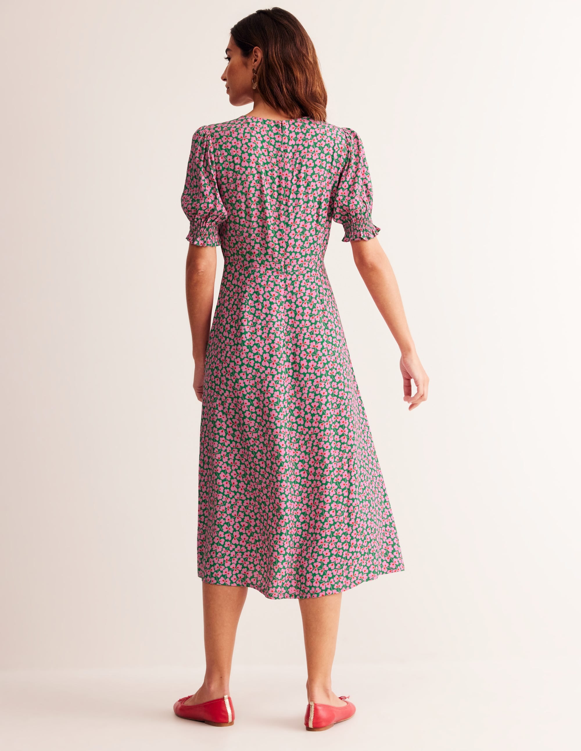 Robe midi style 40s Corinne-Mauve et vert, motif Clover Whirl - Image 3