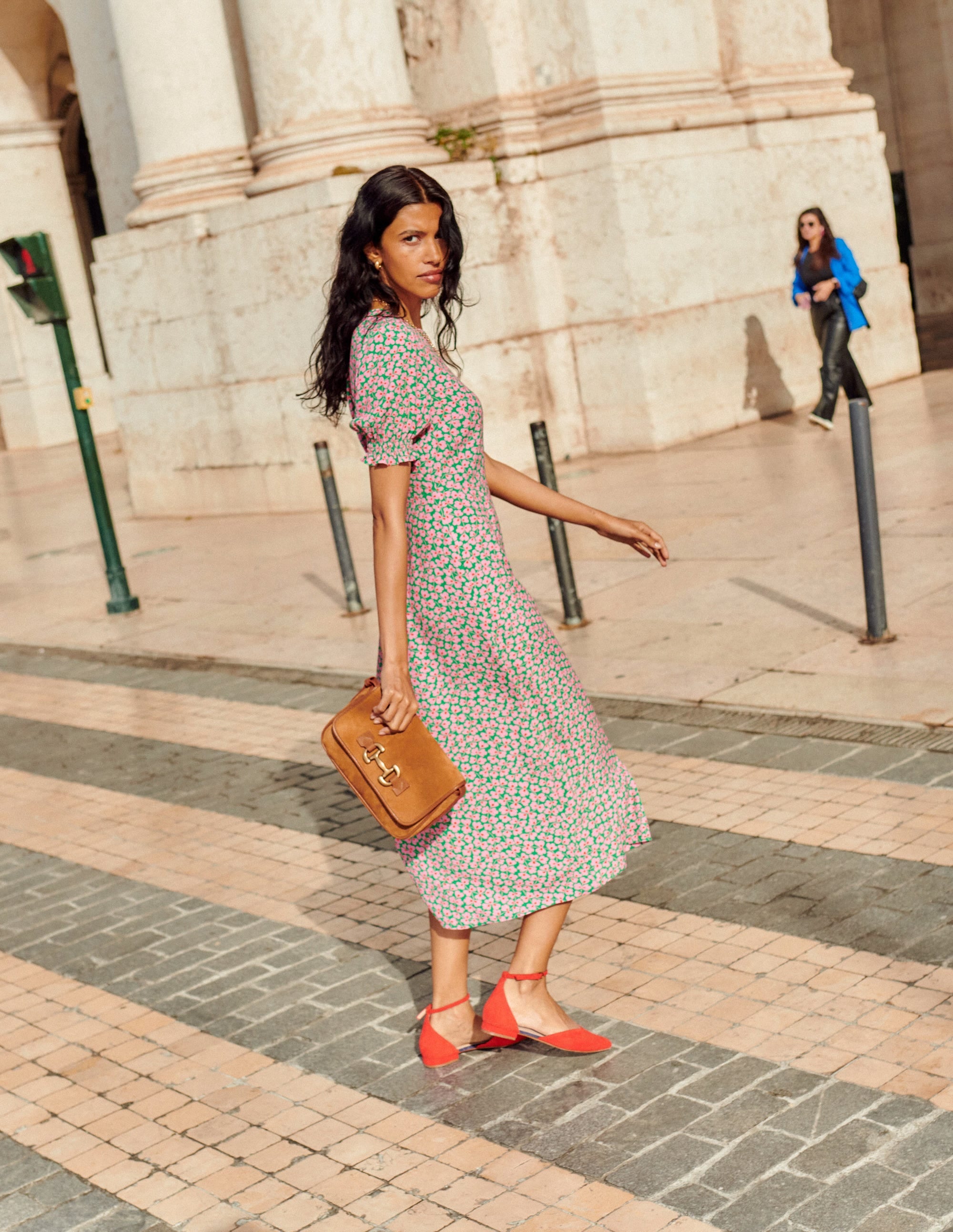 Robe midi style 40s Corinne-Mauve et vert, motif Clover Whirl - Image 5