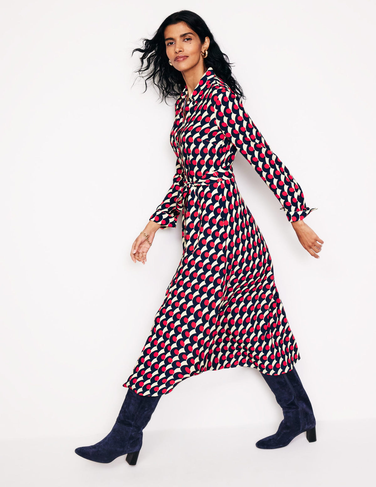 Kate Midi-Hemdblusenkleid-Rot, Polka-Welle - Image 1