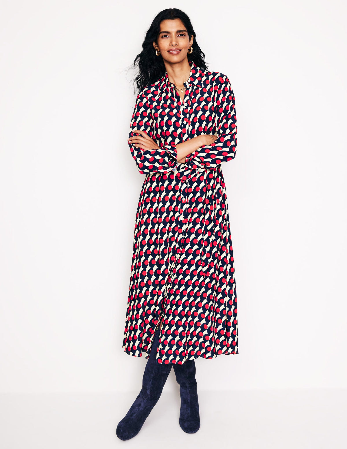 Kate Midi-Hemdblusenkleid-Rot, Polka-Welle - Image 2