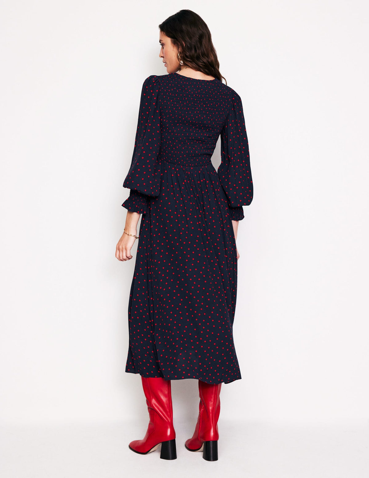 Gemma Gesmoktes Midikleid-Feuerrot, Abstrakte Punkte - Image 3