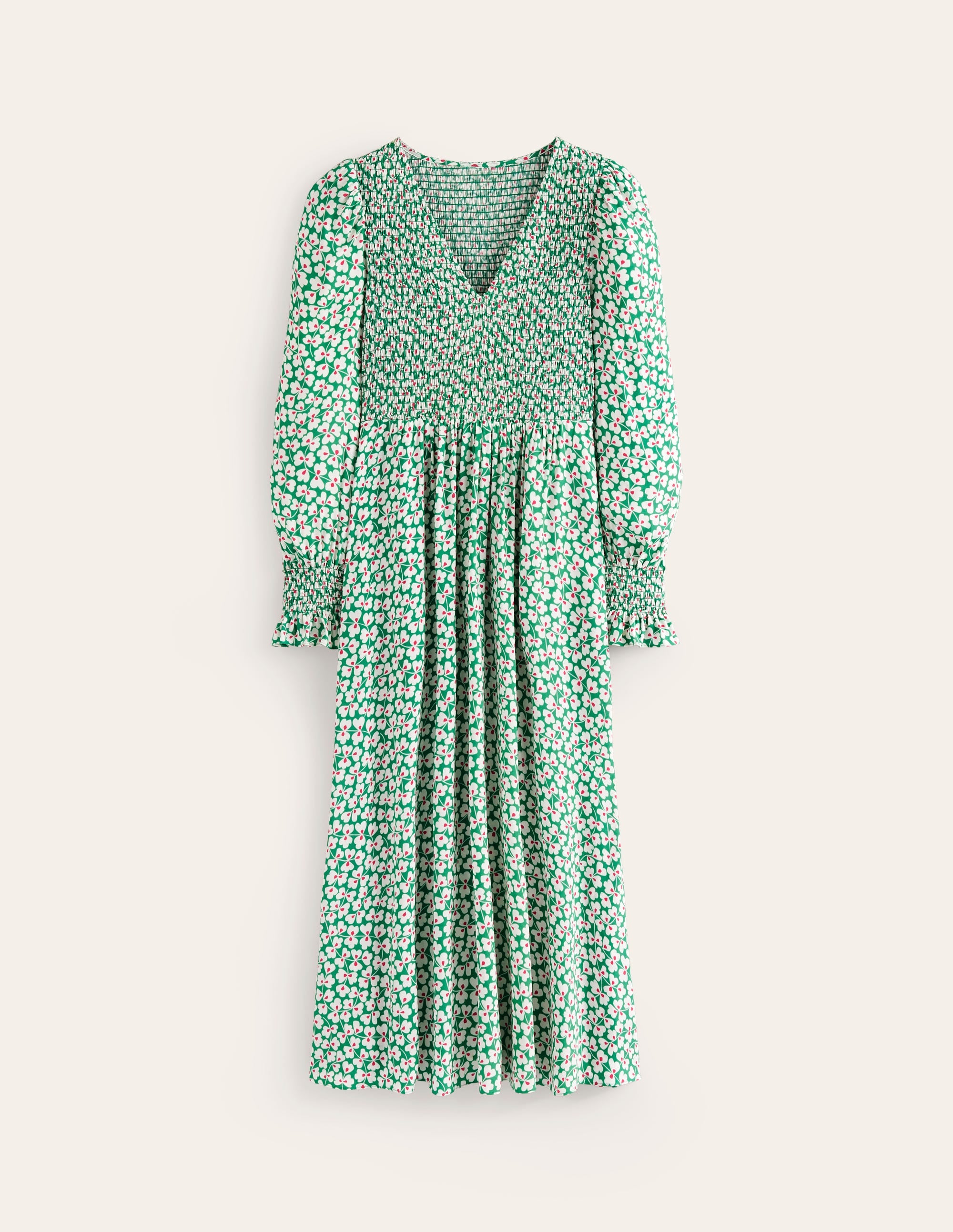 Gemma Gesmoktes Midikleid-Grünes Tamburin, Kleeblattwirbel - Image 6