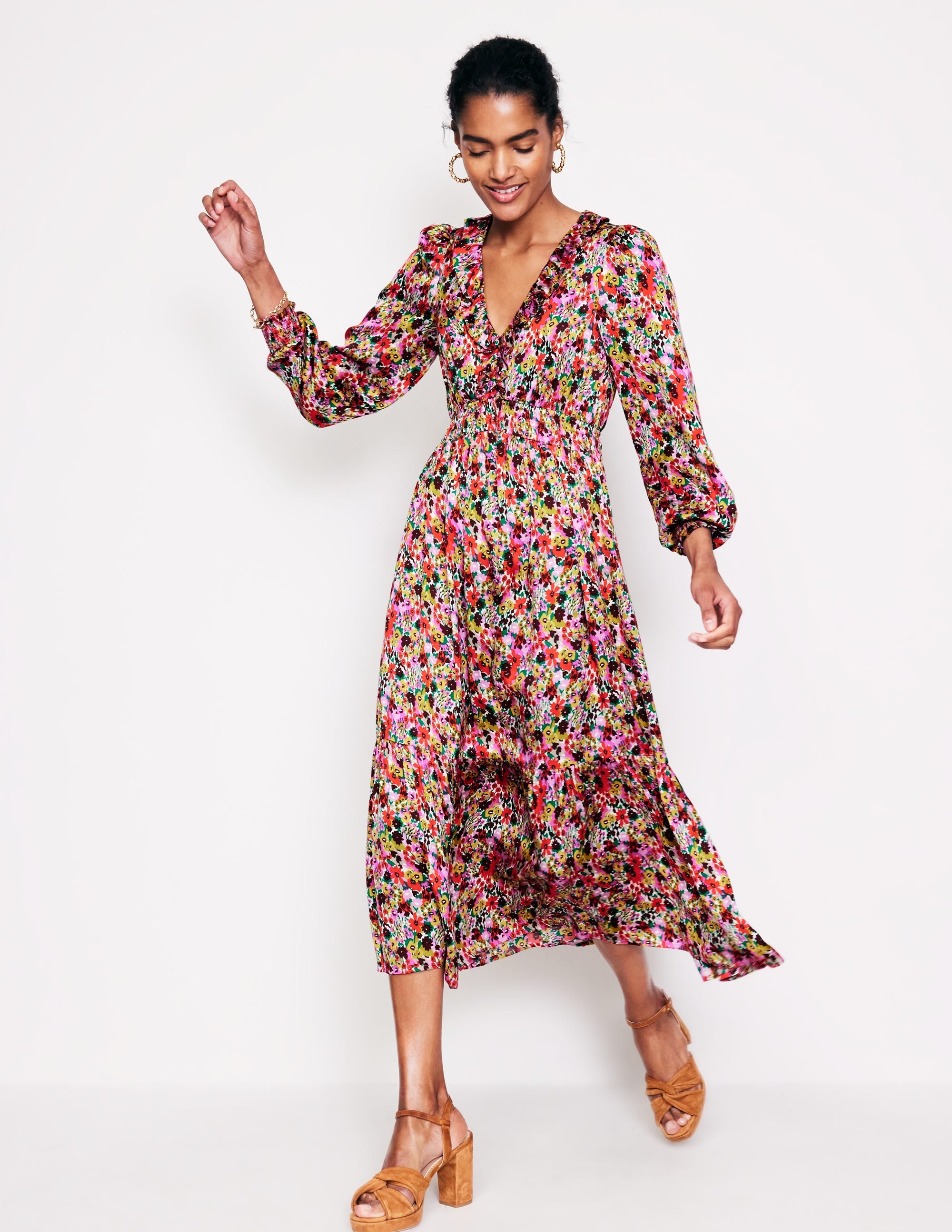 Gesmoktes Midikleid mit Rüschen-Bunt, Motiv Meadow Pop - Image 1