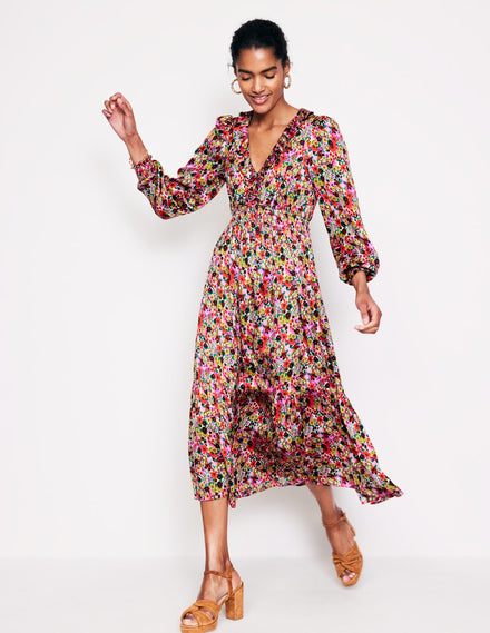 Robe midi froncée à volants-Multi, motif Meadow Pop