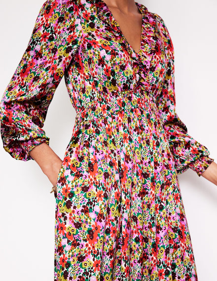 Robe midi froncée à volants-Multi, motif Meadow Pop