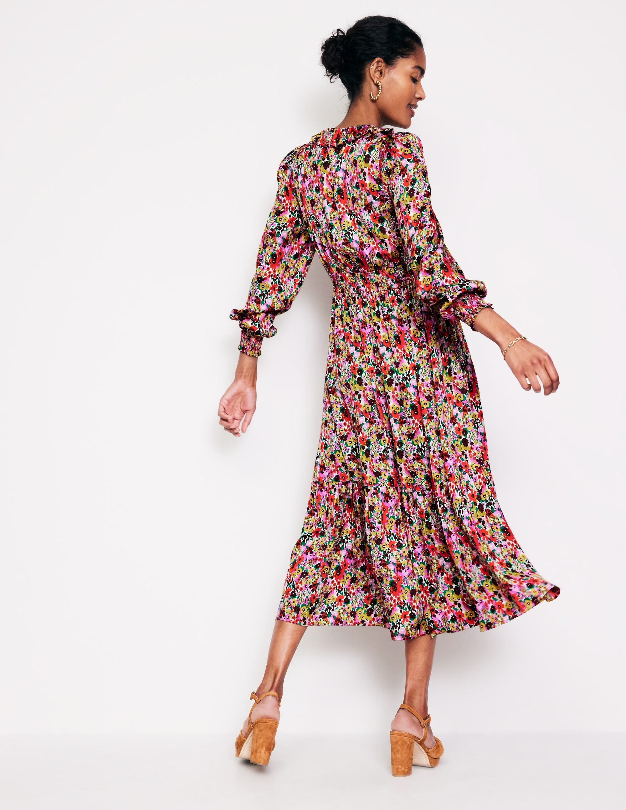 Gesmoktes Midikleid mit Rüschen-Bunt, Motiv Meadow Pop - Image 3