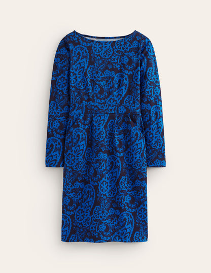 Florrie Langärmeliges Kleid-Blau, Paisley-Kaskade