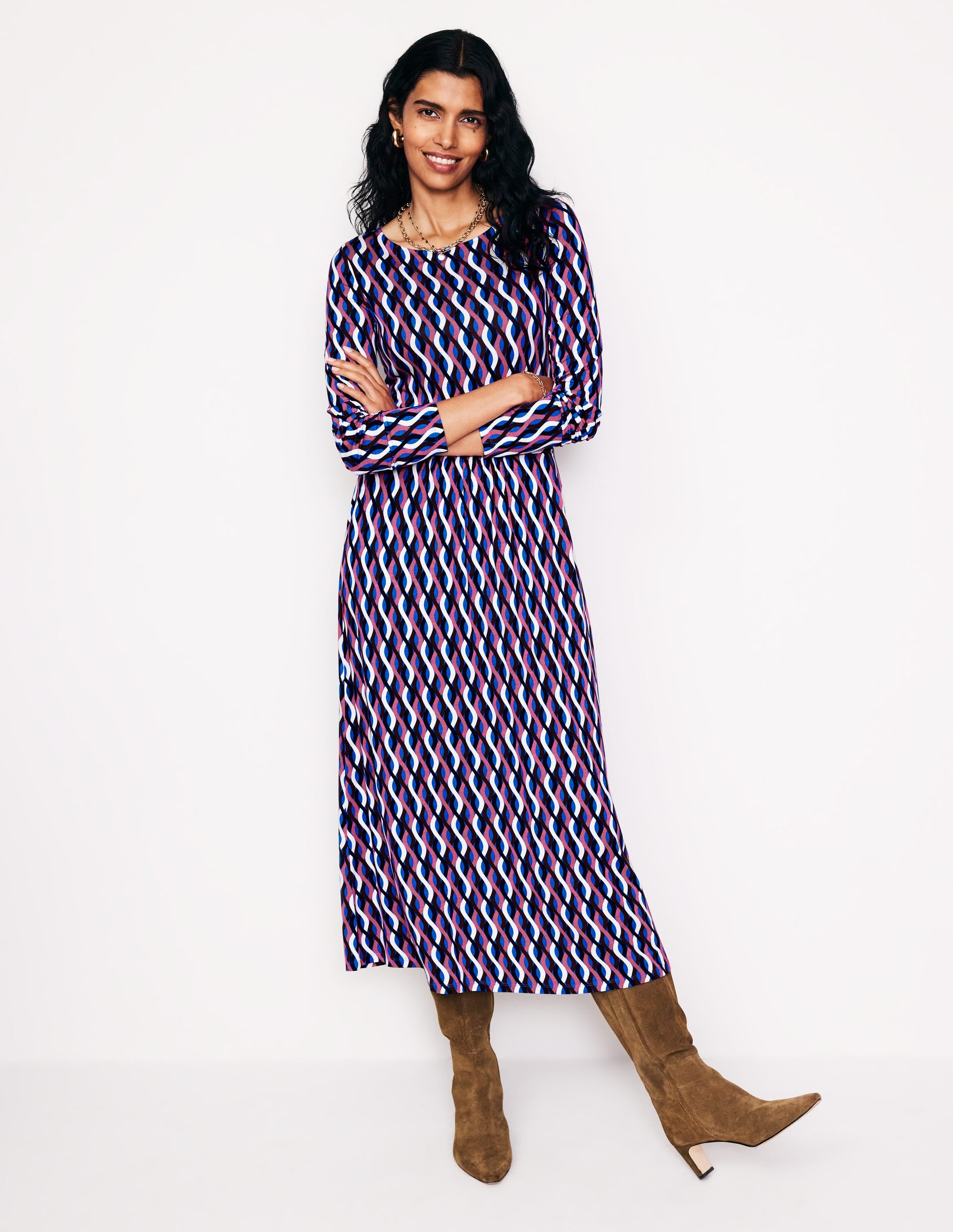 Robe midi Amelie à manches longues-Bleu martin-pêcheur, motif Trellis Wave - Image 1