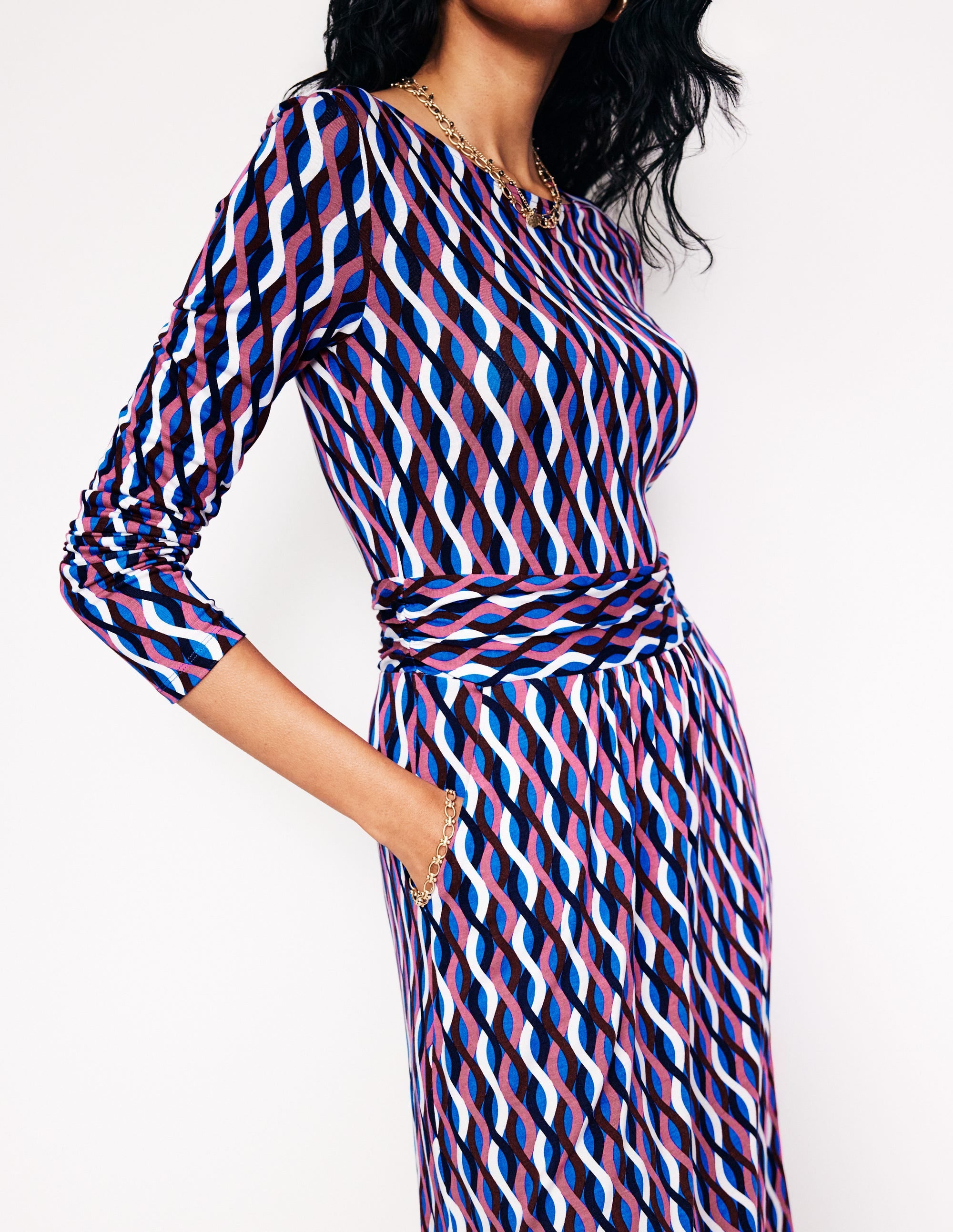 Robe midi Amelie à manches longues-Bleu martin-pêcheur, motif Trellis Wave - Image 2