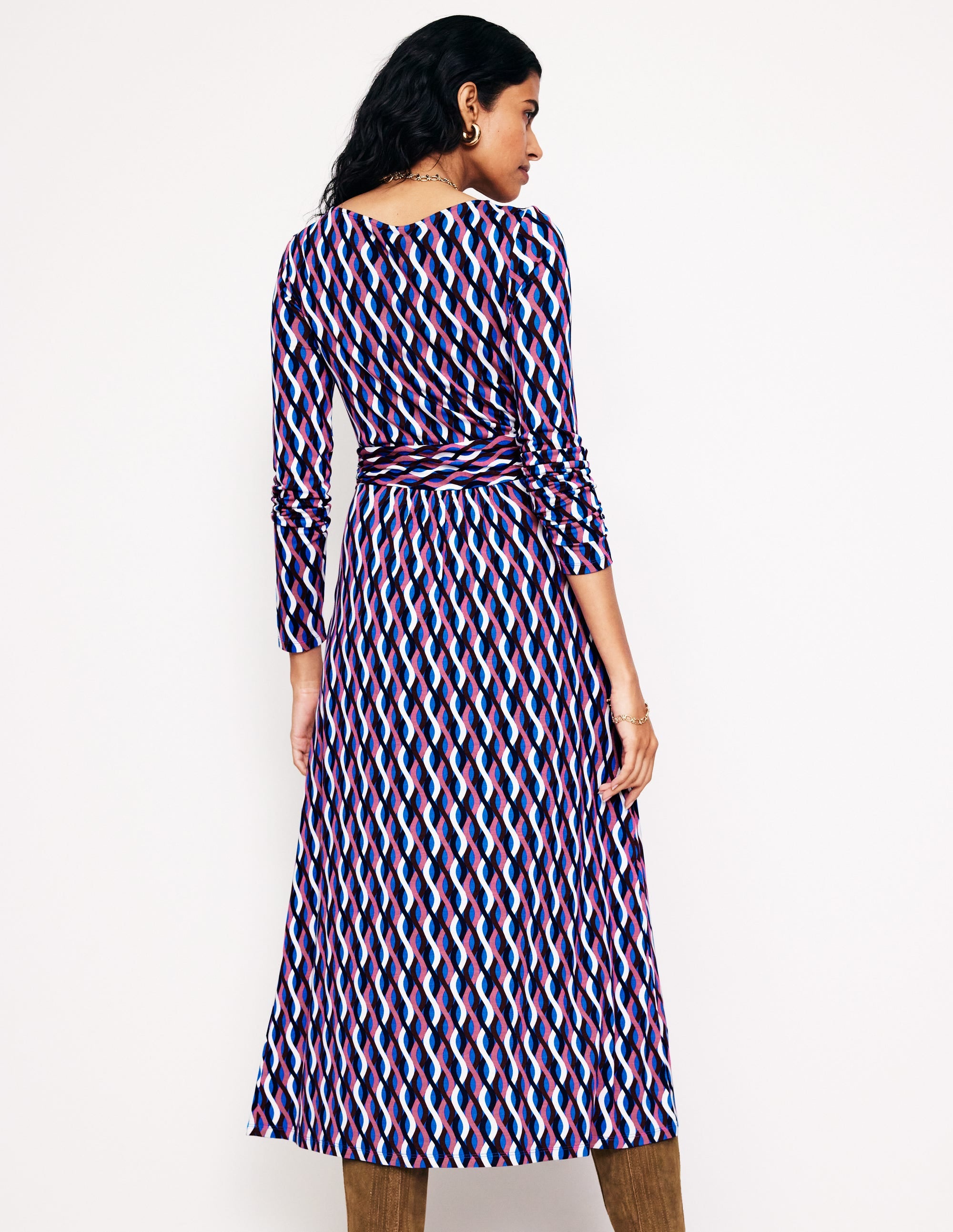 Robe midi Amelie à manches longues-Bleu martin-pêcheur, motif Trellis Wave - Image 3