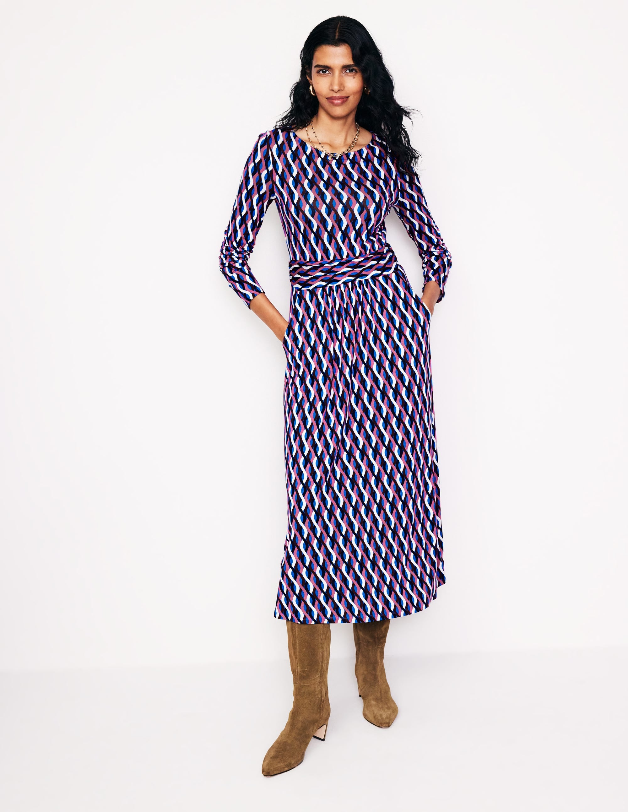 Robe midi Amelie à manches longues-Bleu martin-pêcheur, motif Trellis Wave - Image 4