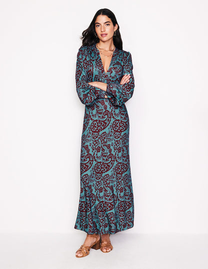 Ivy Smocked Midi Dress-Blue Grass, Paisley Cascade