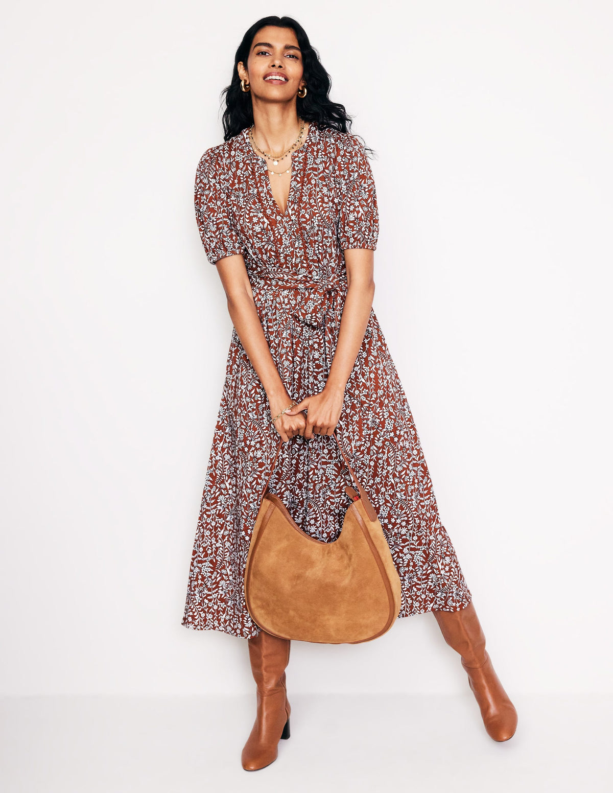 Sofia Jersey-Midikleid mit Besatz-Herbstbraun, Laubknospe - Image 1