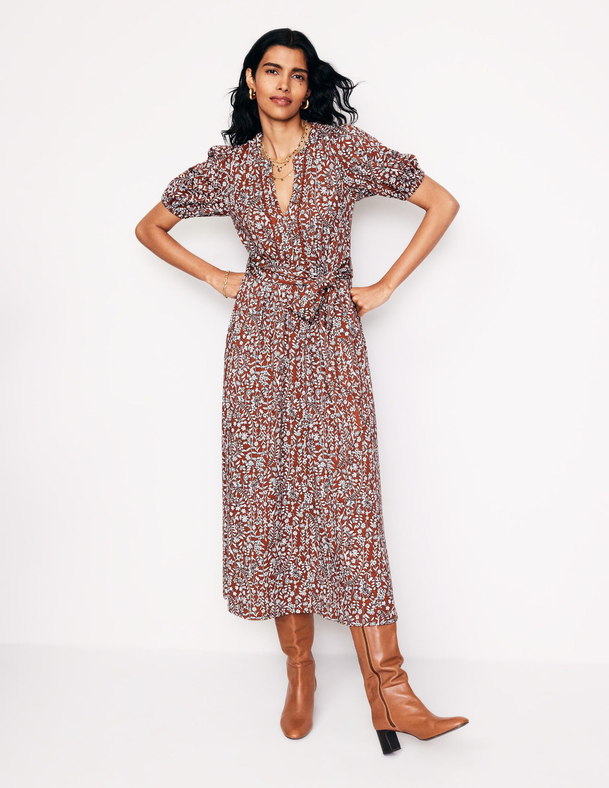 Sofia Jersey-Midikleid mit Besatz-Herbstbraun, Laubknospe - Image 4