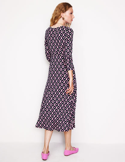 Twisted Waist Jersey Dress-Navy, Tulip Scallop