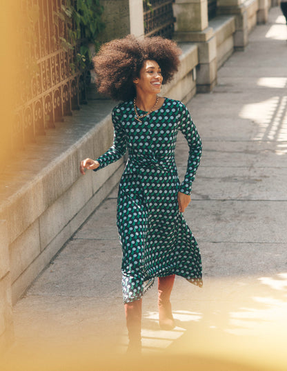 Robe en jersey à taille torsadée-Bleu marine, motif Polka Wave