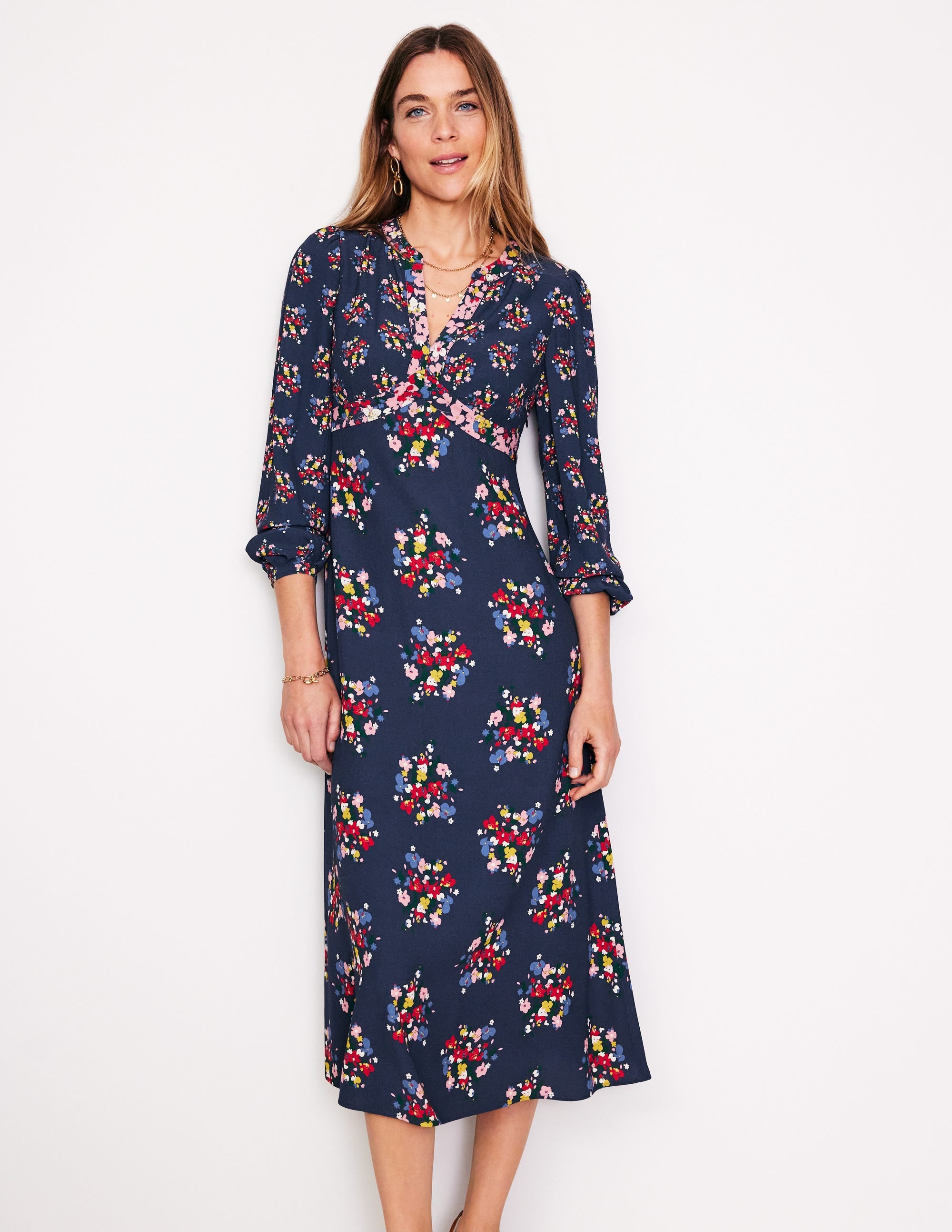 Imelda Midikleid mit Bordürendruck-Französisches Marineblau, Mohnblumenrot Blumenstrauß - Image 1