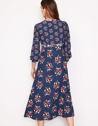 Imelda Midikleid mit Bordürendruck-Französisches Marineblau, Mohnblumenrot Blumenstrauß