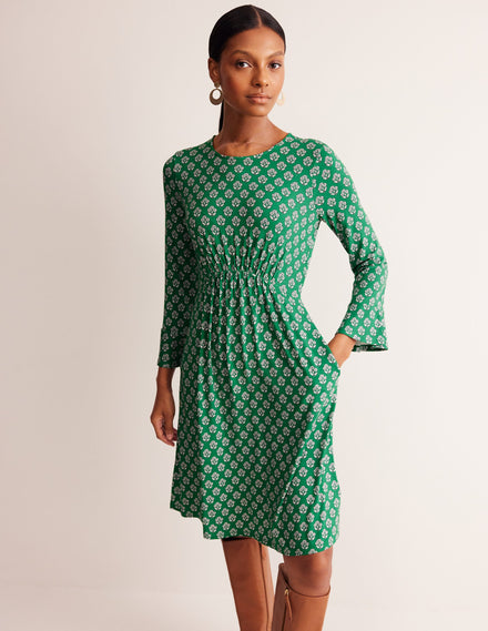 Jerseykleid mit Trompetenärmeln-Smaragdgrün, Obststempel