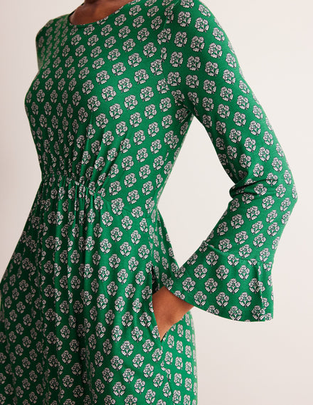 Jerseykleid mit Trompetenärmeln-Smaragdgrün, Obststempel