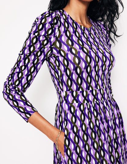 Puff Sleeve Blouson Dress-Multi, Trellis Wave