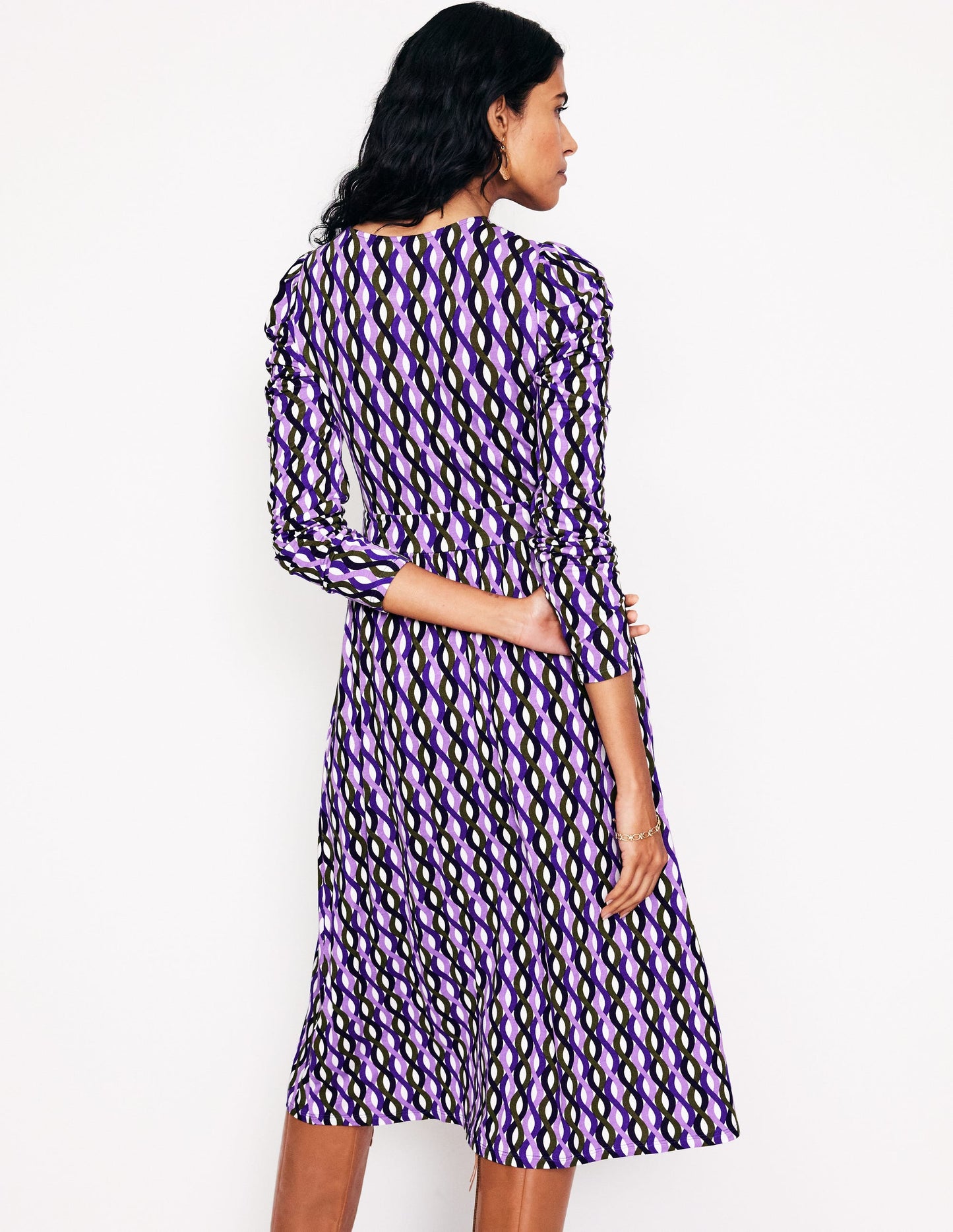 Puff Sleeve Blouson Dress-Multi, Trellis Wave