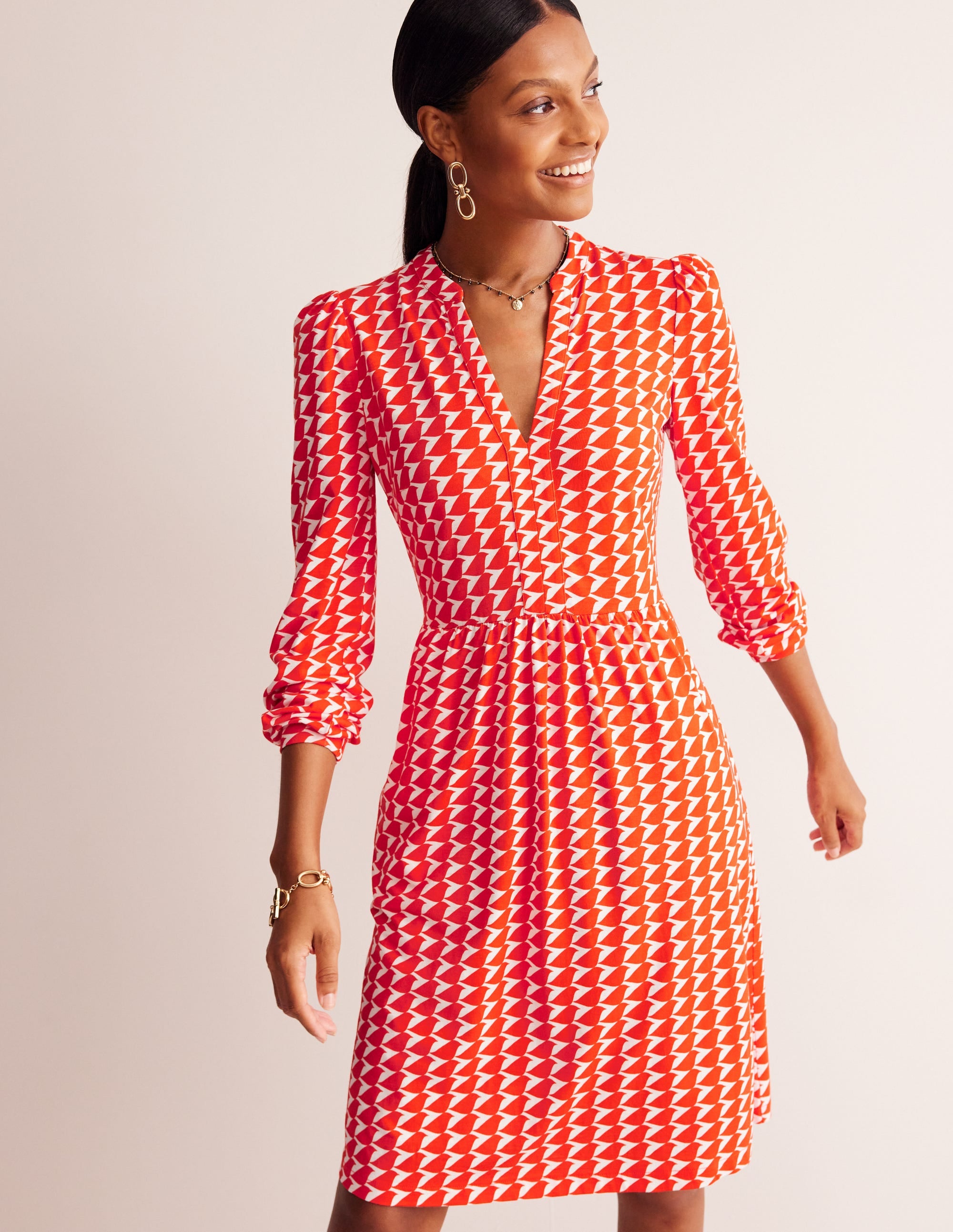 Naomi Lockeres Jerseykleid-Glutorange, Vogel - Image 1