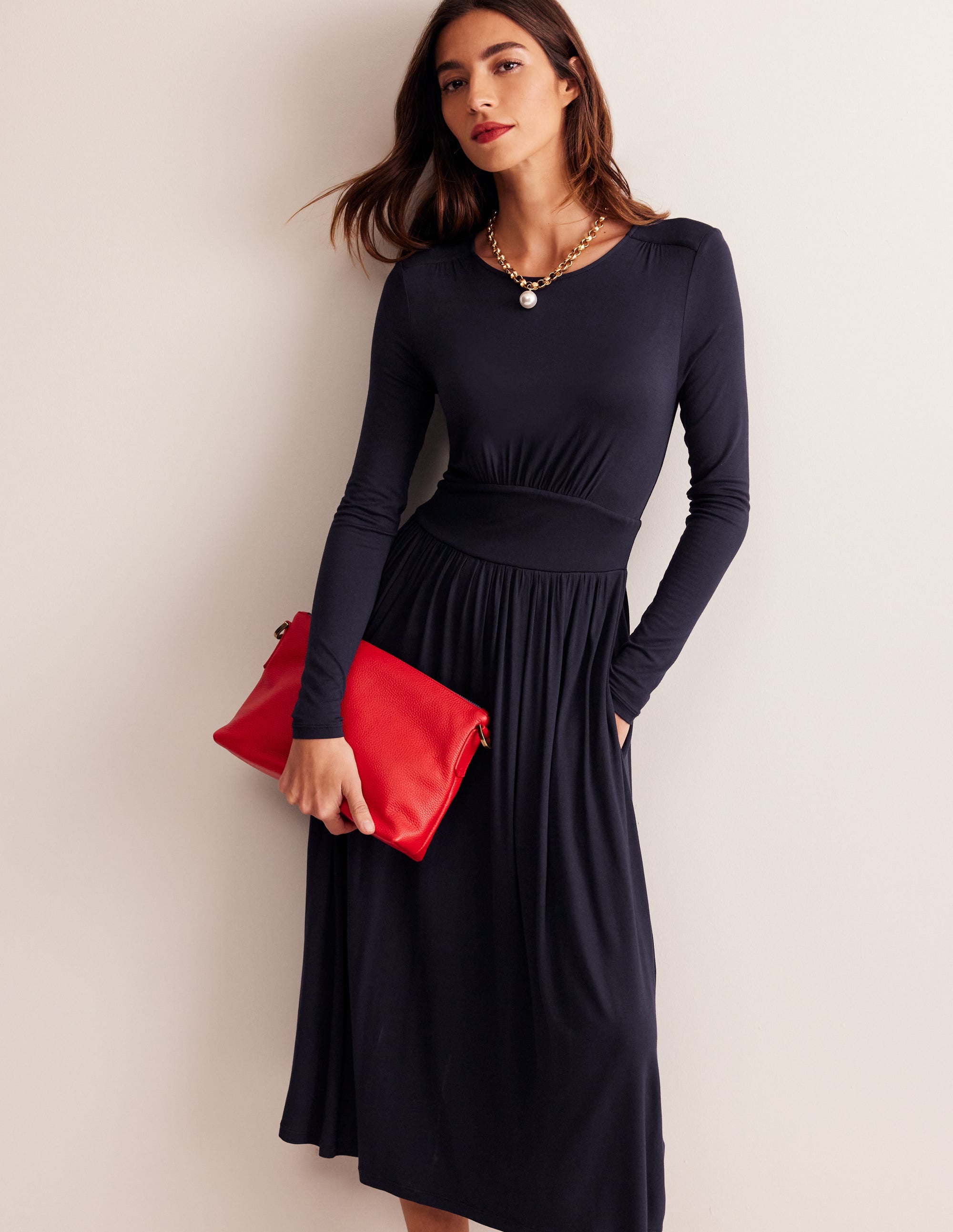 Robe Thea manches longues en jersey-Bleu Marine, Petits Pois - Image 1