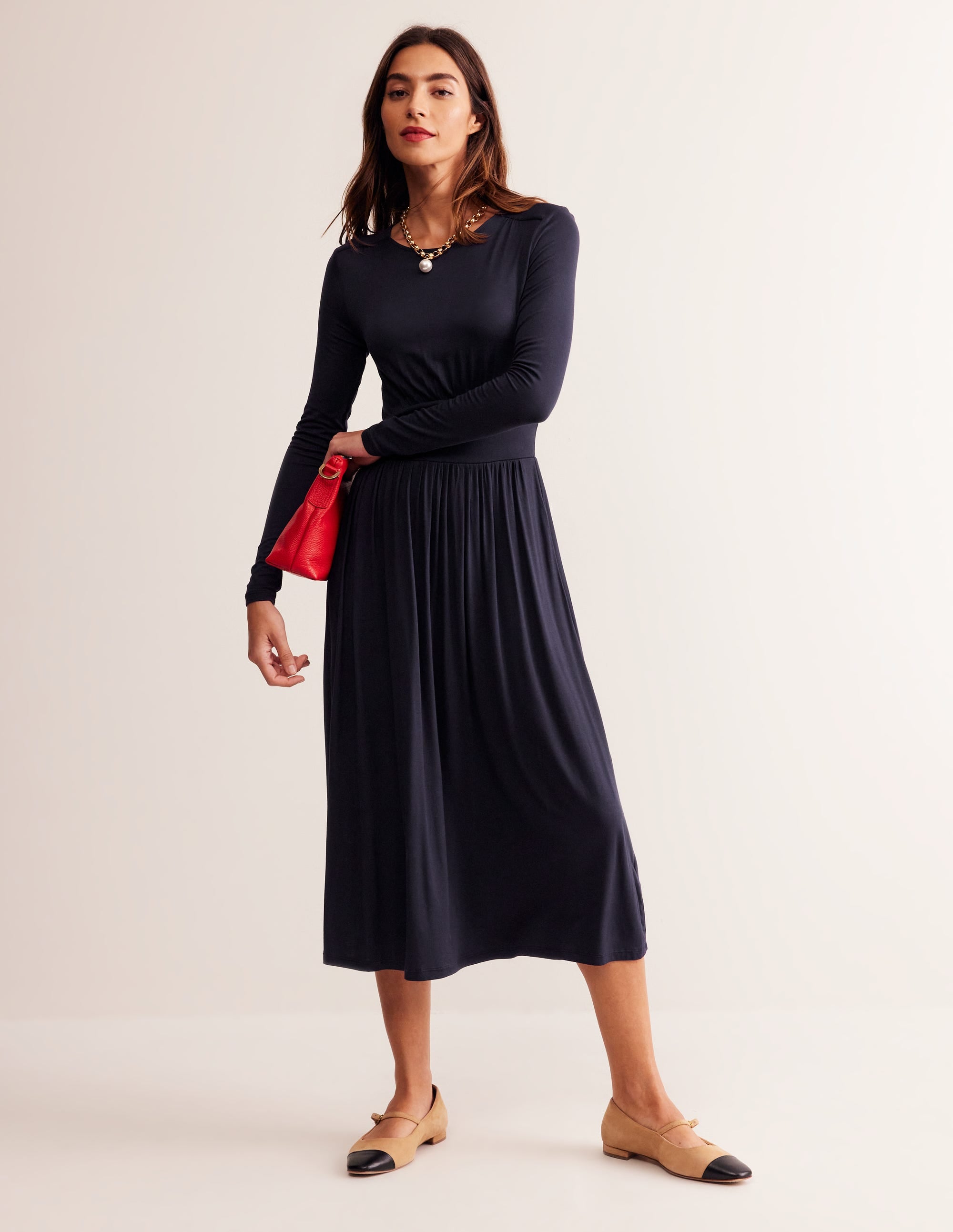 Robe Thea manches longues en jersey-Bleu Marine, Petits Pois - Image 4