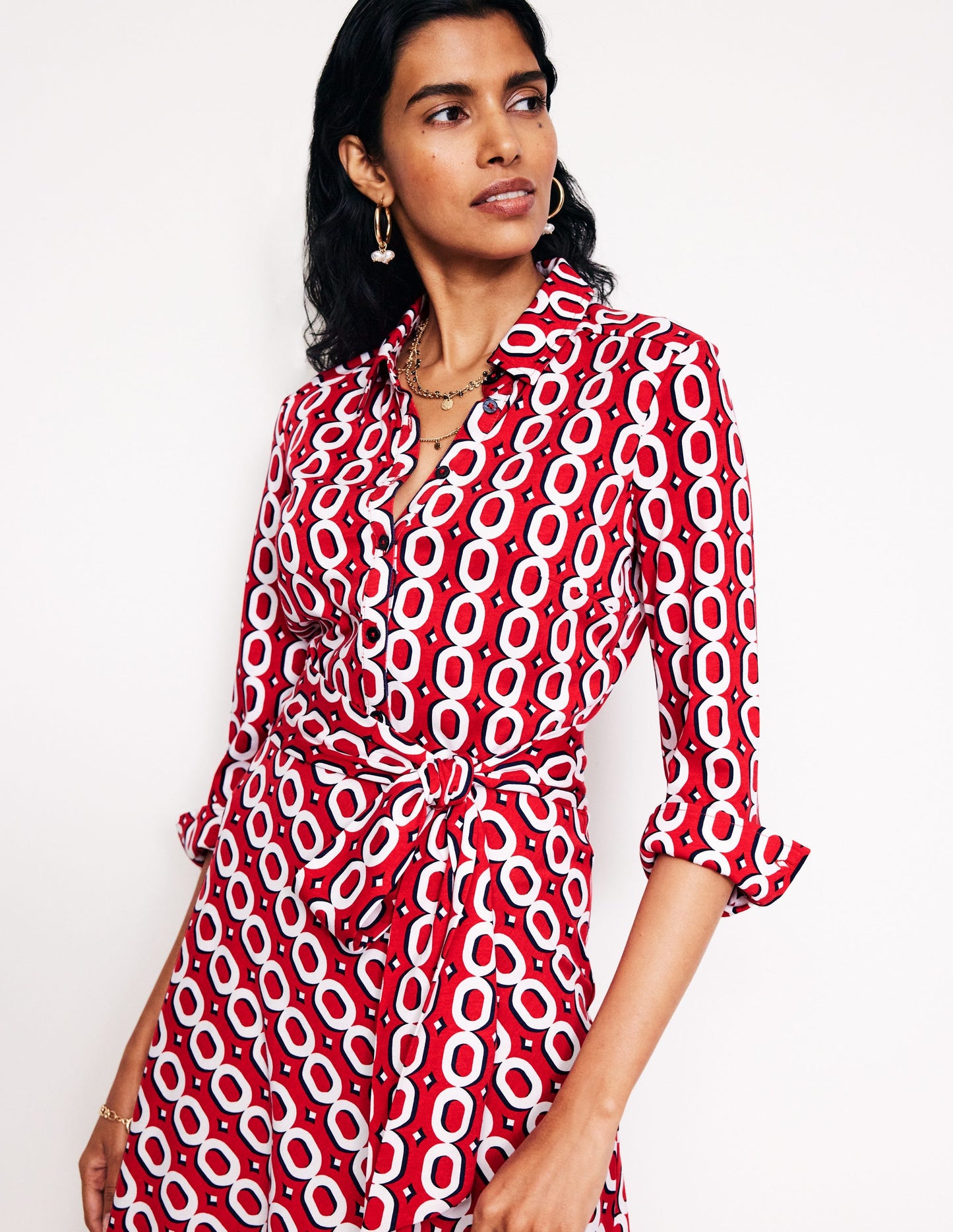 Laura Jersey Midi Shirt Dress-Post Box Red, Chain