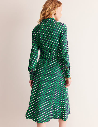 Laura Midi-Hemdblusenkleid aus Jersey-Smaragdgrün, Motiv Terrace Swirl