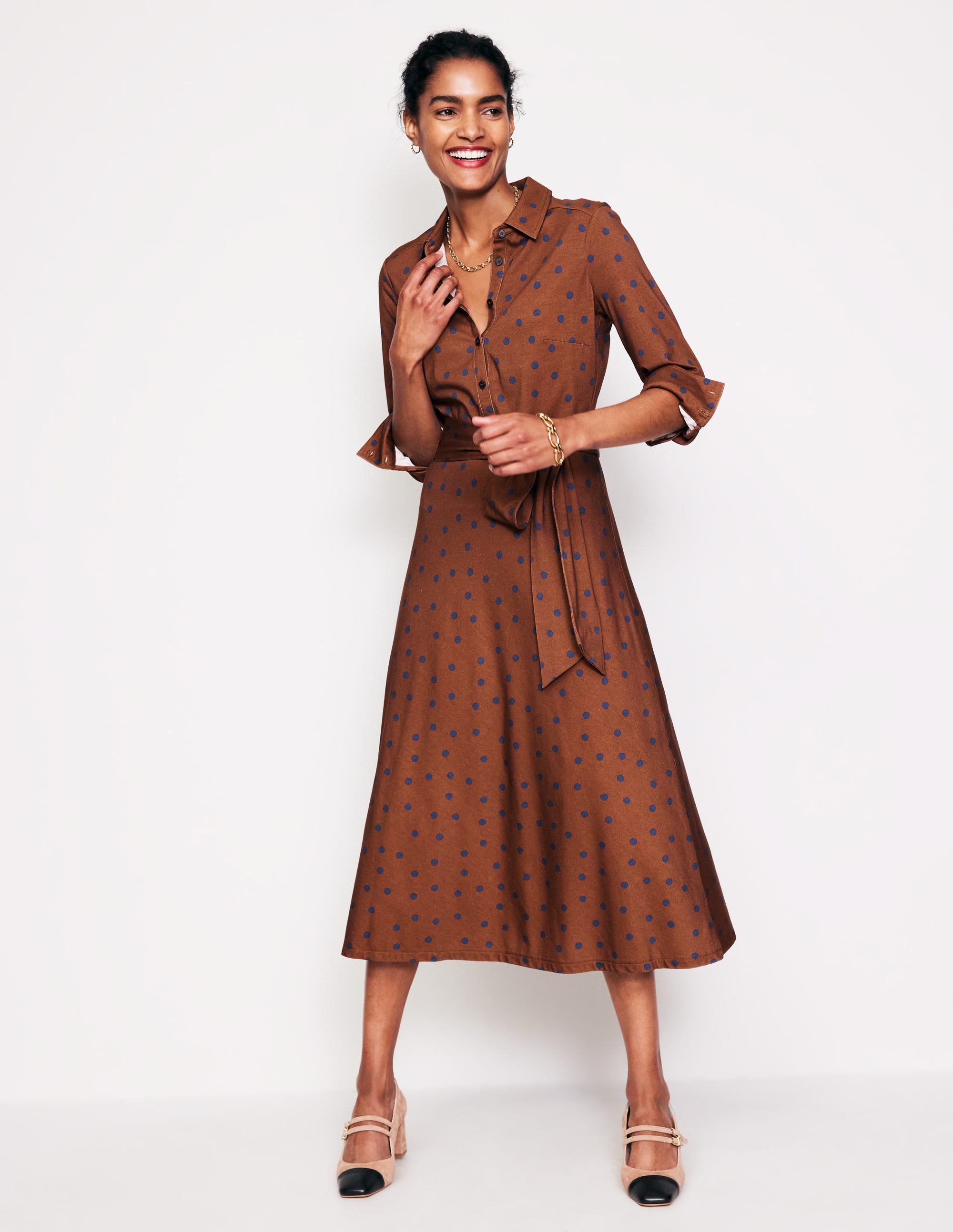 Robe-chemise midi Laura en jersey-Marron automnal, pois épars - Image 1