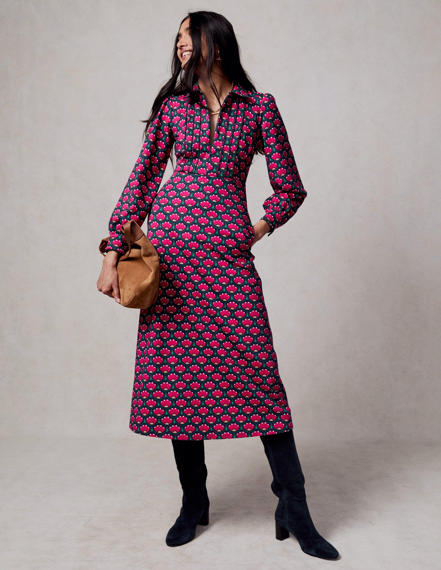 Pip Zip-Up Ponte Midi Dress-Bright Pink, Lotus Stamp