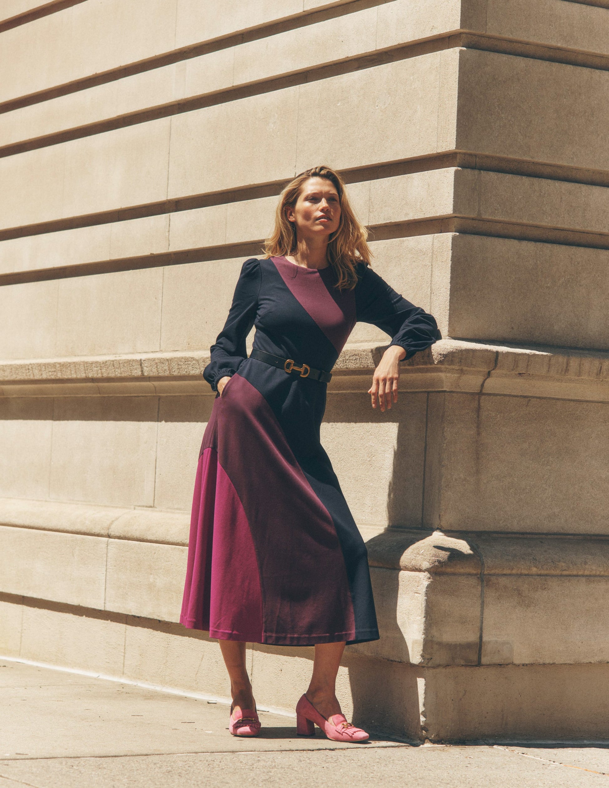 Ponte-Kleid mit Rundhalsausschnitt-Marineblau, Damson Blockfarben-5