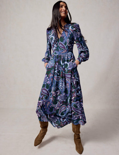 Robe midi Zoe à détails dentelle-Améthyste, motif Paisley Fusion