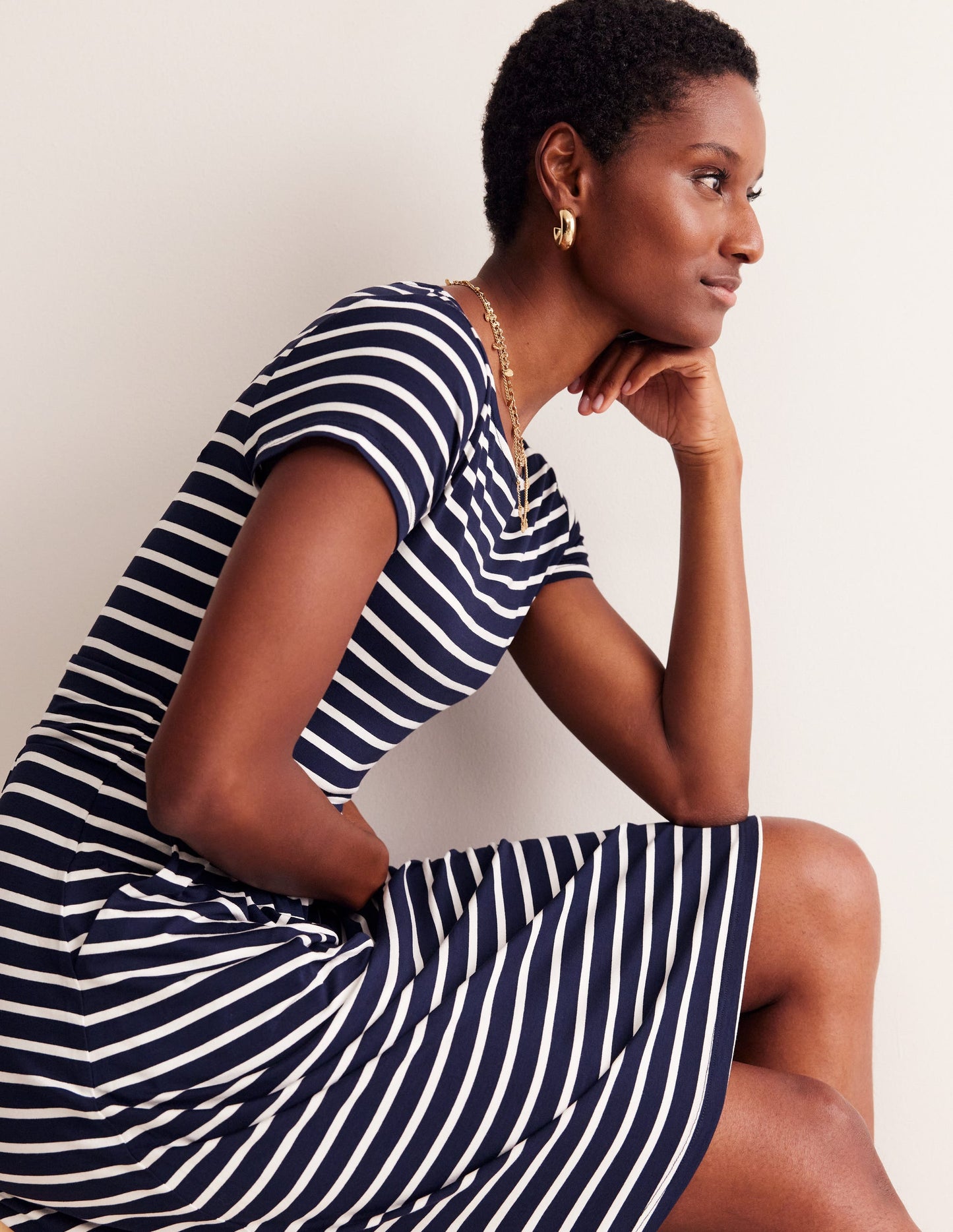 Amelie Jersey Dress-Navy, Ivory Stripe