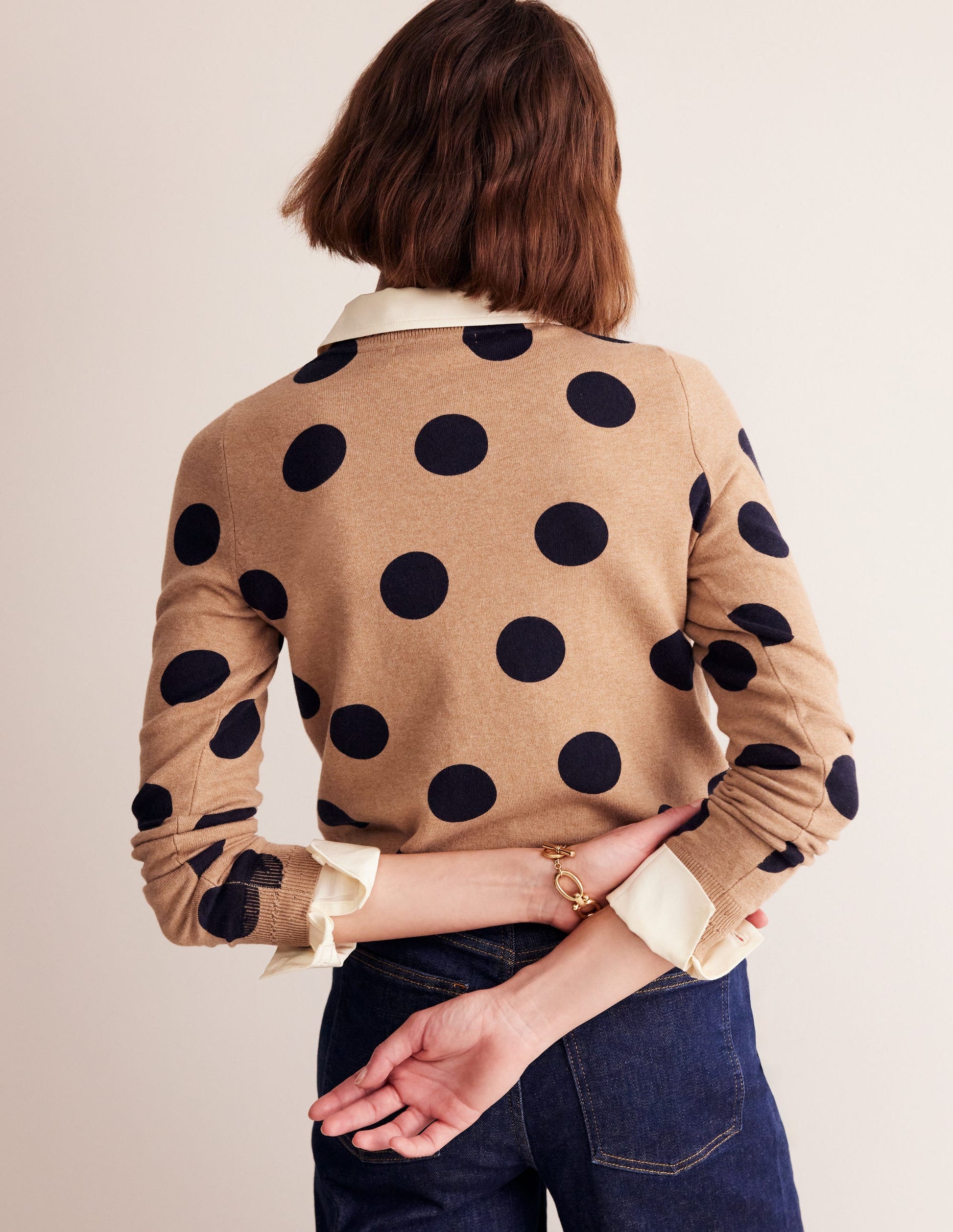 Pull Catriona col rond en coton-Camel chiné, pois abstraits-3