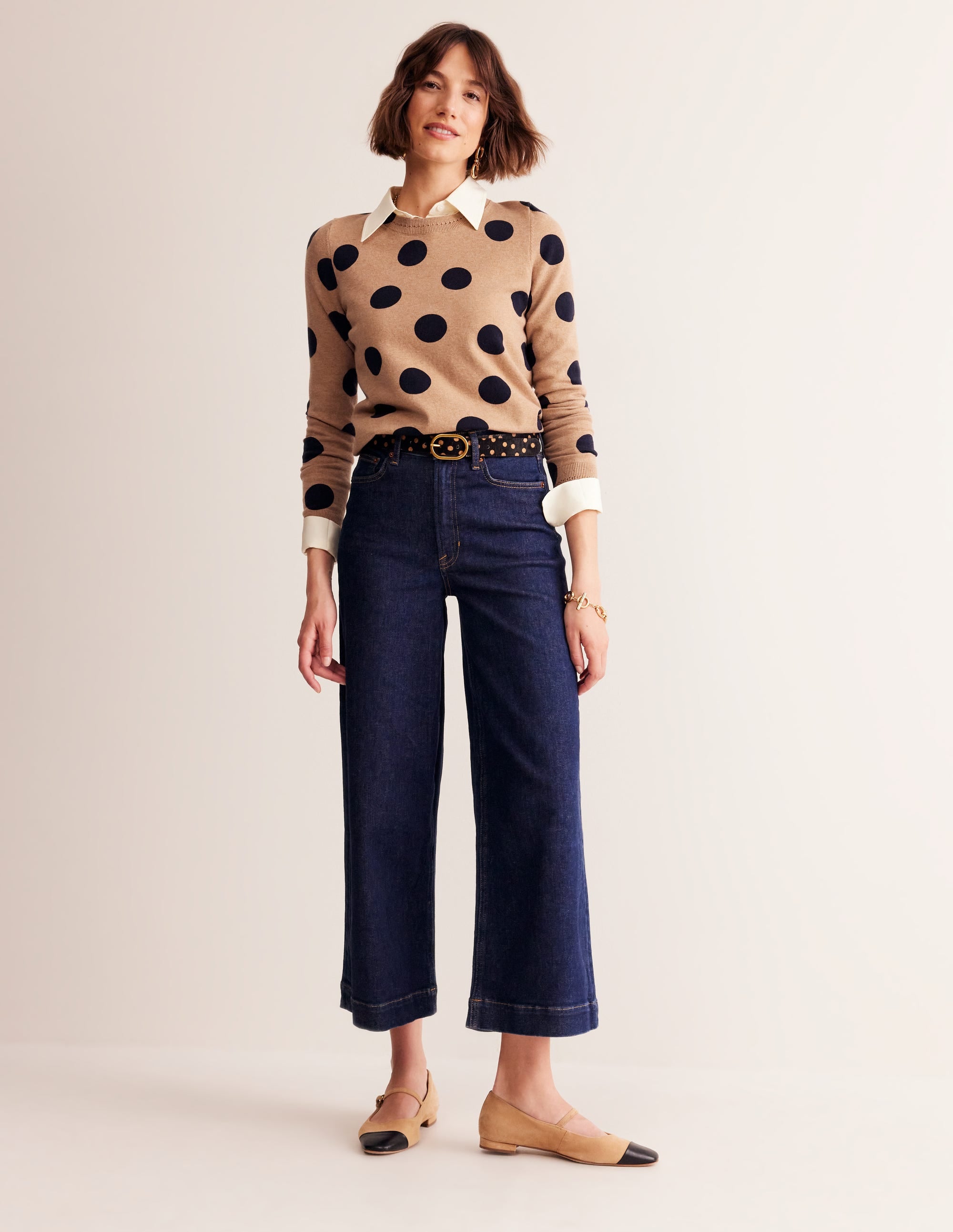 Pull Catriona col rond en coton-Camel chiné, pois abstraits - Image 5