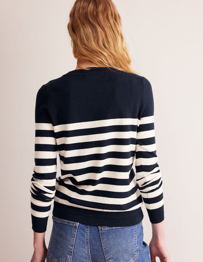 Catriona Pullover aus Baumwolle mit Rundhalsausschnitt-Französisches Navy/Naturweiß, Gestreift