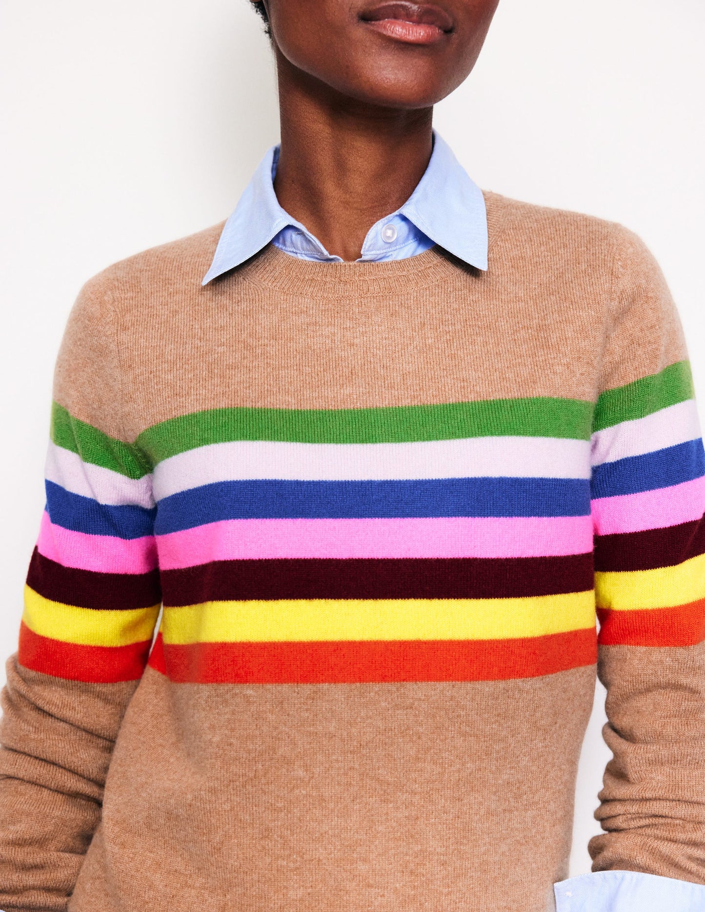 Eva Cashmere Crew Neck Jumper-Camel Melange, Rainbow