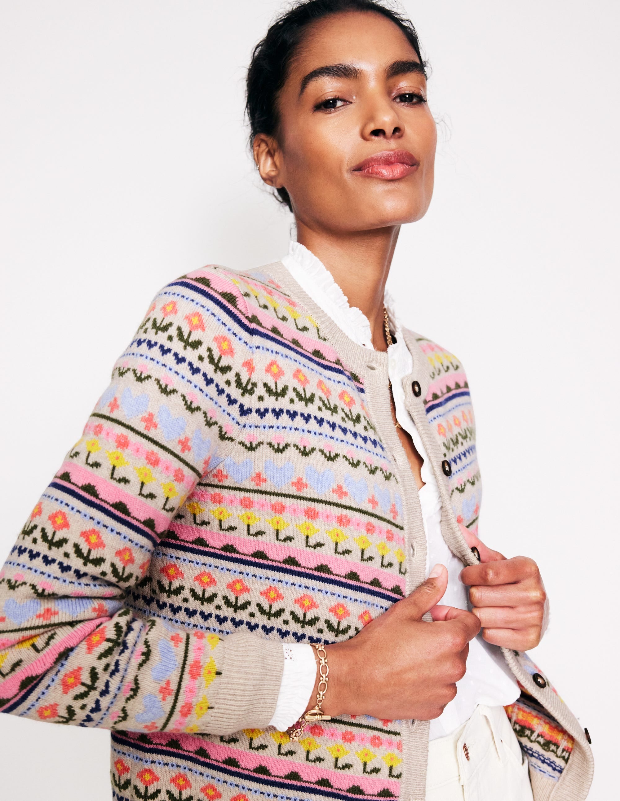 Edie Fair-Isle-Strickjacke-Haferflocken Meliert, Herzblume - Image 2