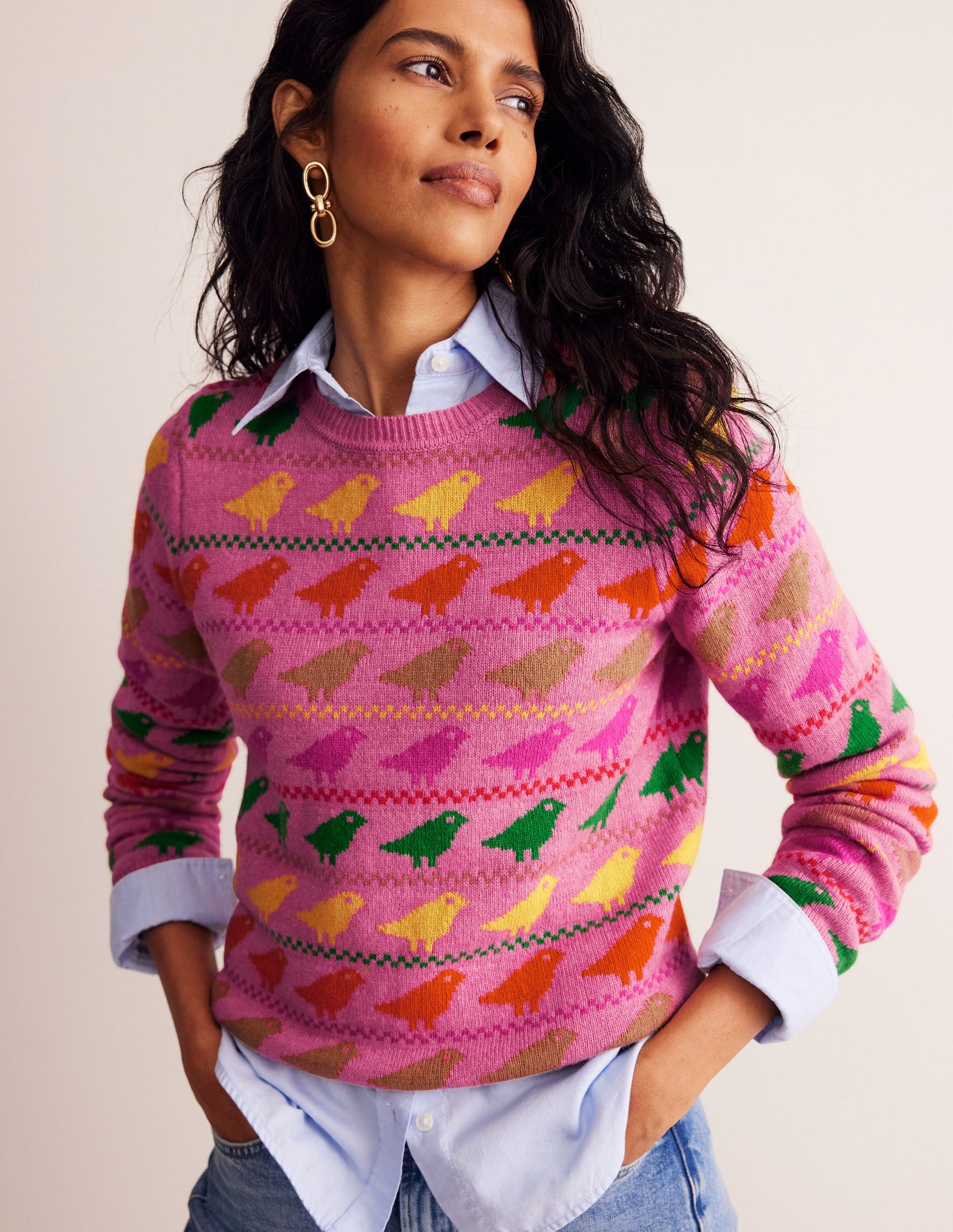 Edie Fair-Isle-Pullover-Rosa Vögel-1