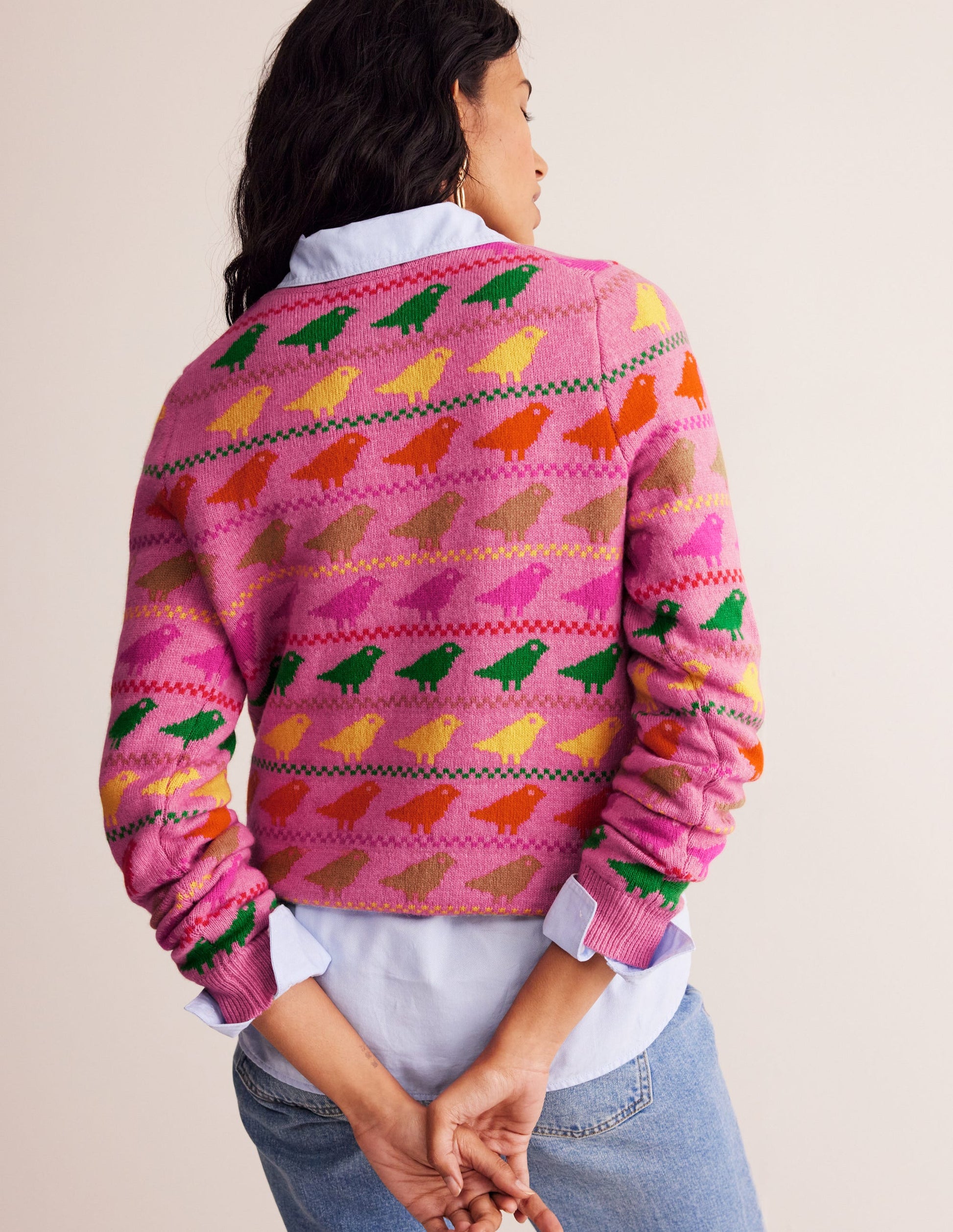 Edie Fair-Isle-Pullover-Rosa Vögel-3