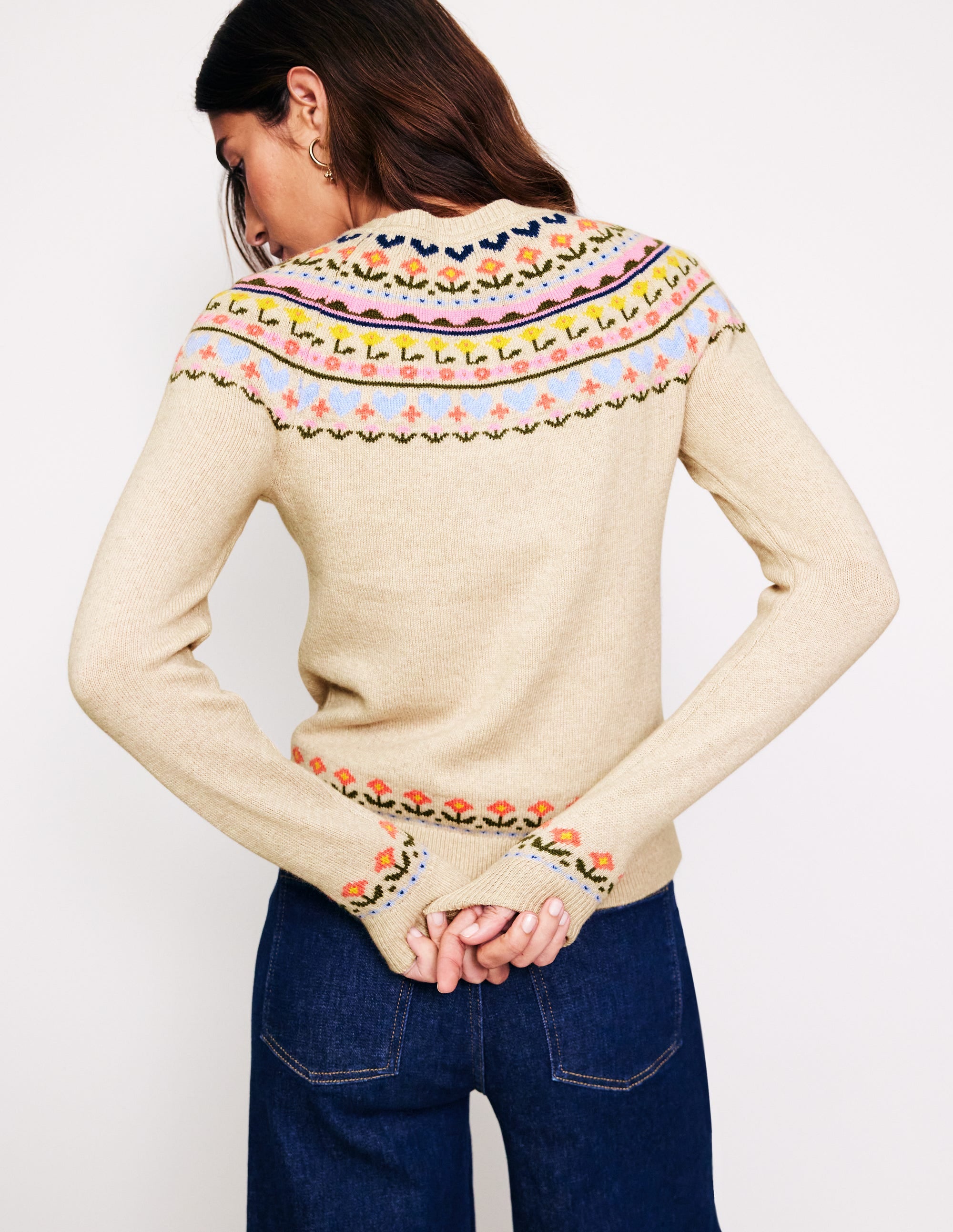 Pull Edie à motif jacquard-Avoine chiné, motif Heart Flower - Image 3