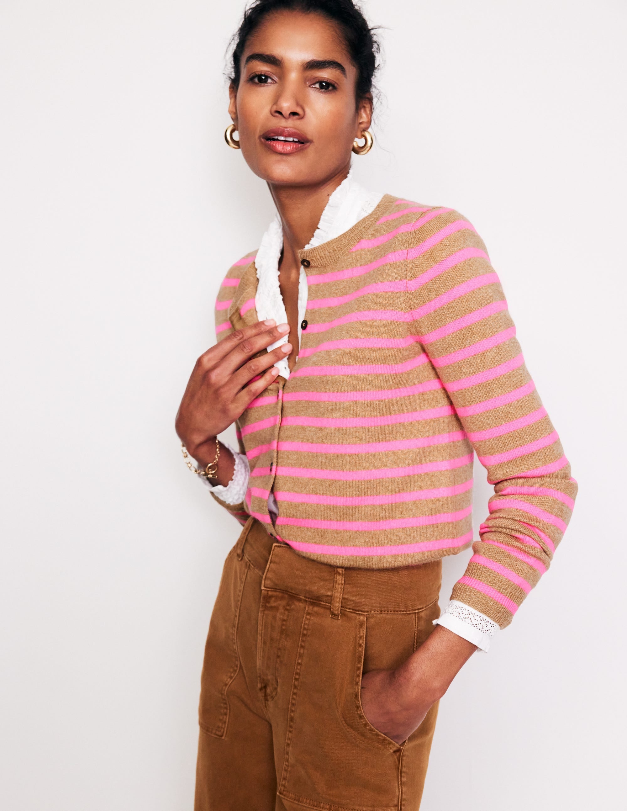 Cardigan Eva en cachemire-Camel chiné/rose fluo - Image 1