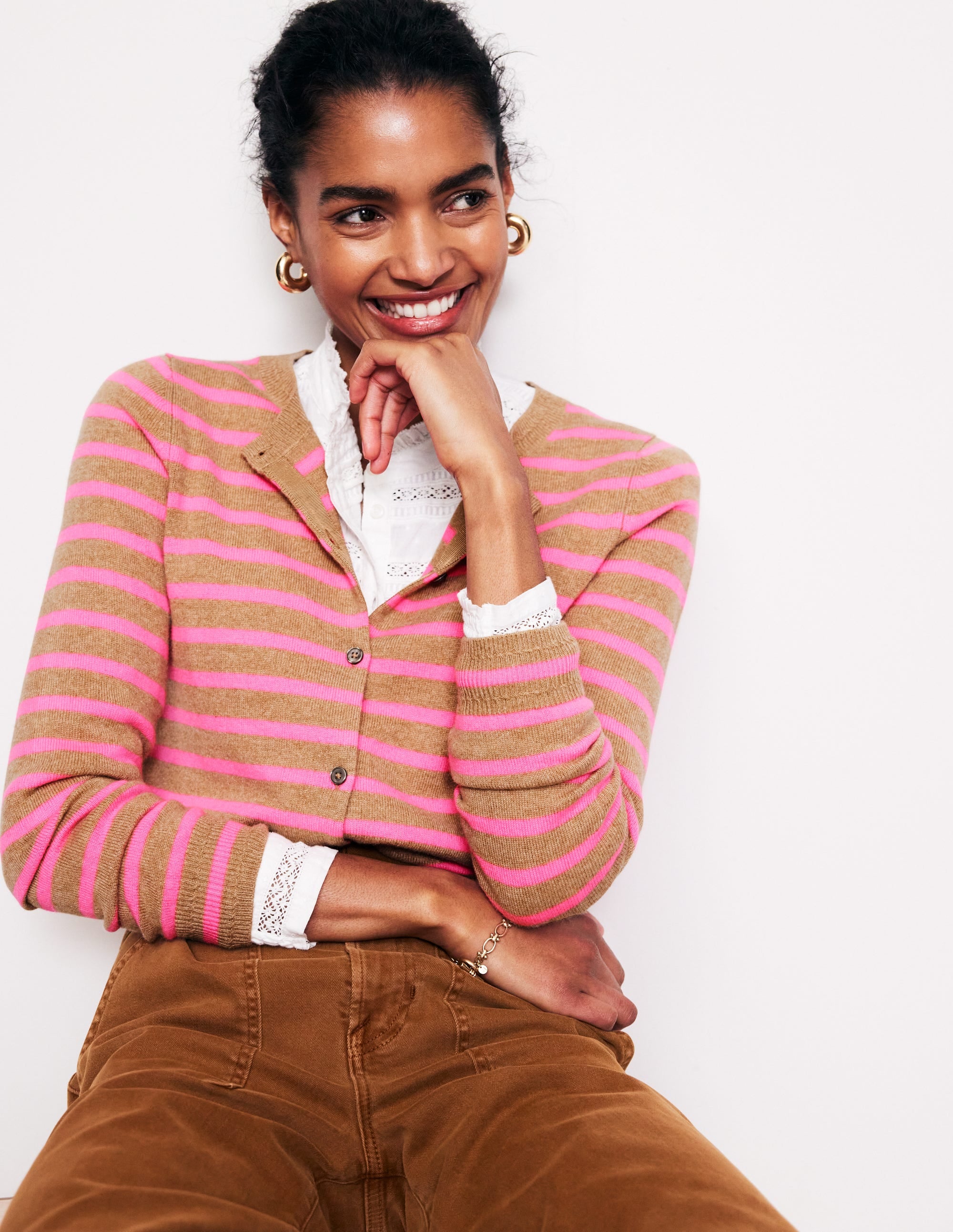 Cardigan Eva en cachemire-Camel chiné/rose fluo - Image 4